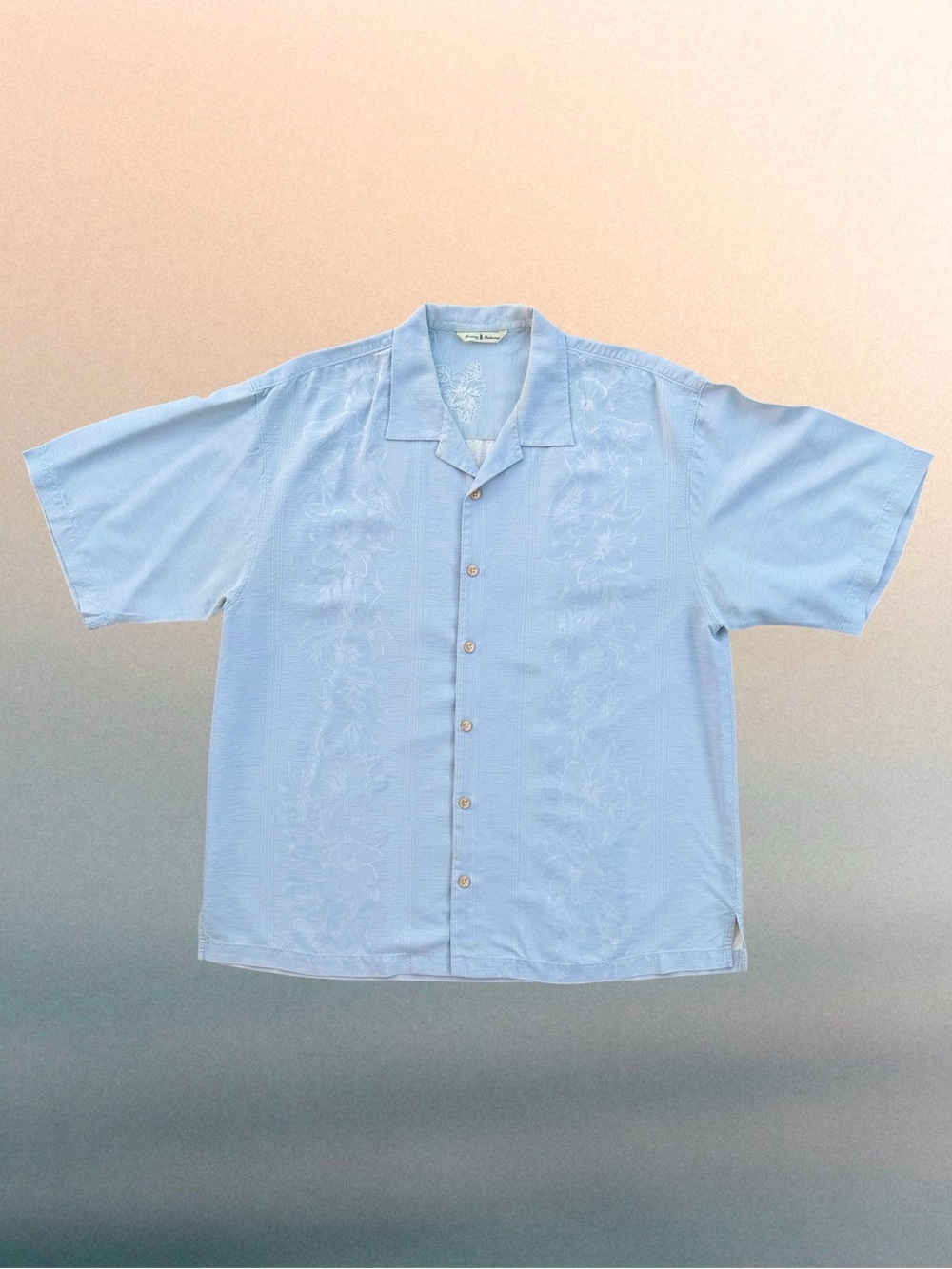 Tommy Bahama Pale Blue Silk Jacquard Hawaiian Button Front Shirt ~ Men’s XL